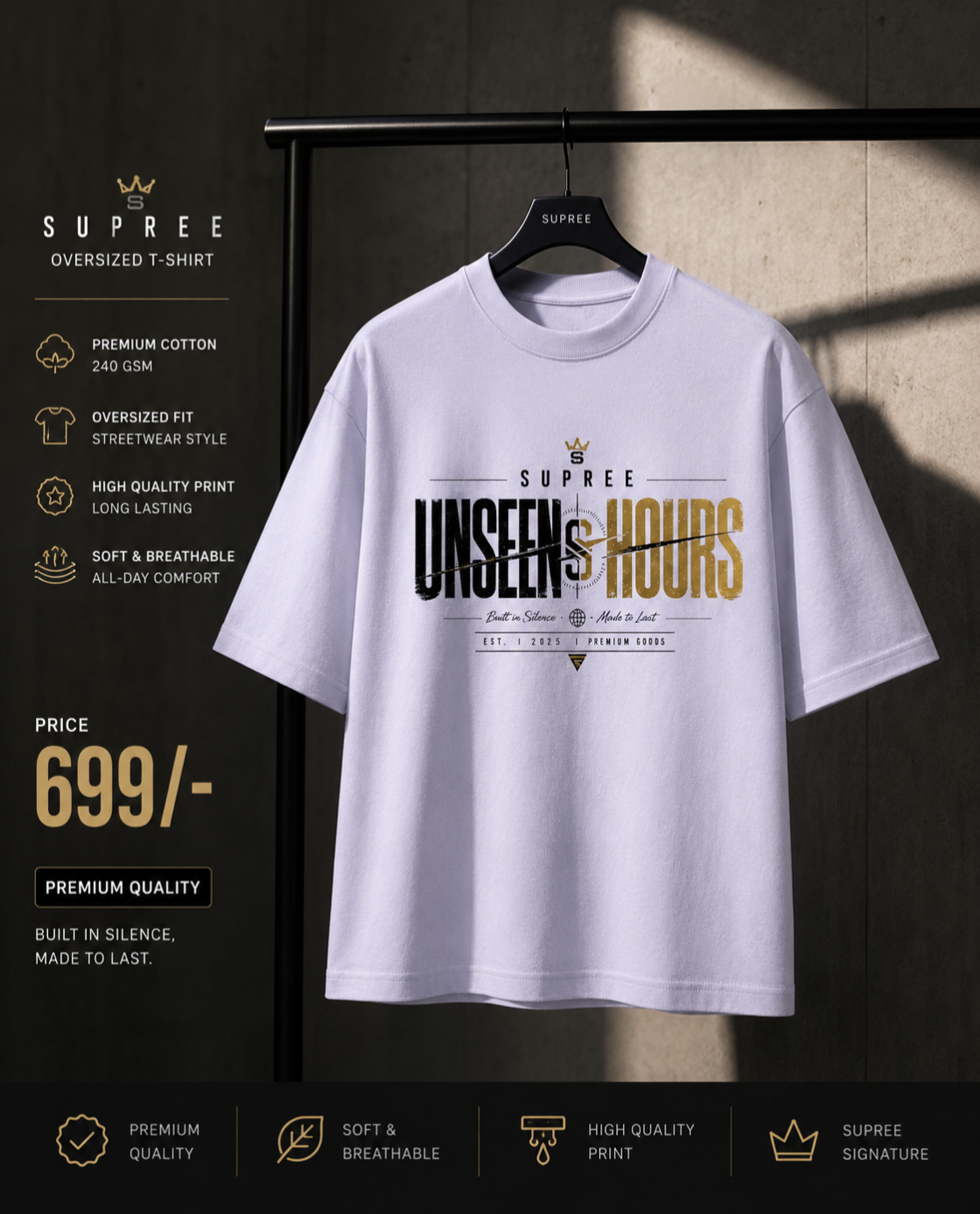 SUPREE Unseen Hours Premium Oversized T-Shirt for Men | 100% Cotton