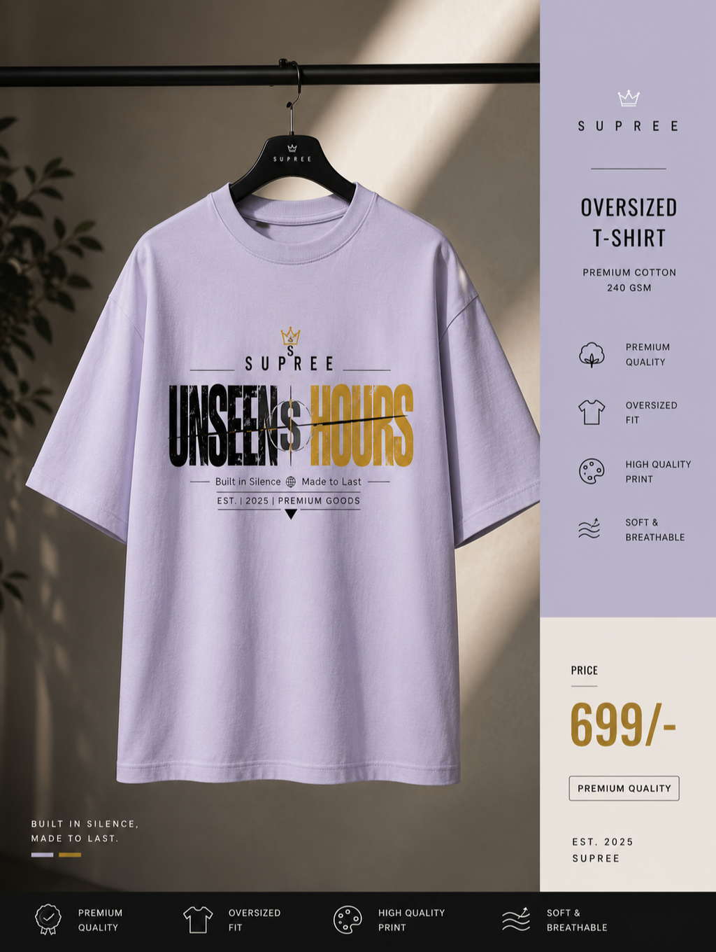 SUPREE Unseen Hours Premium Oversized T-Shirt for Men | 100% Cotton