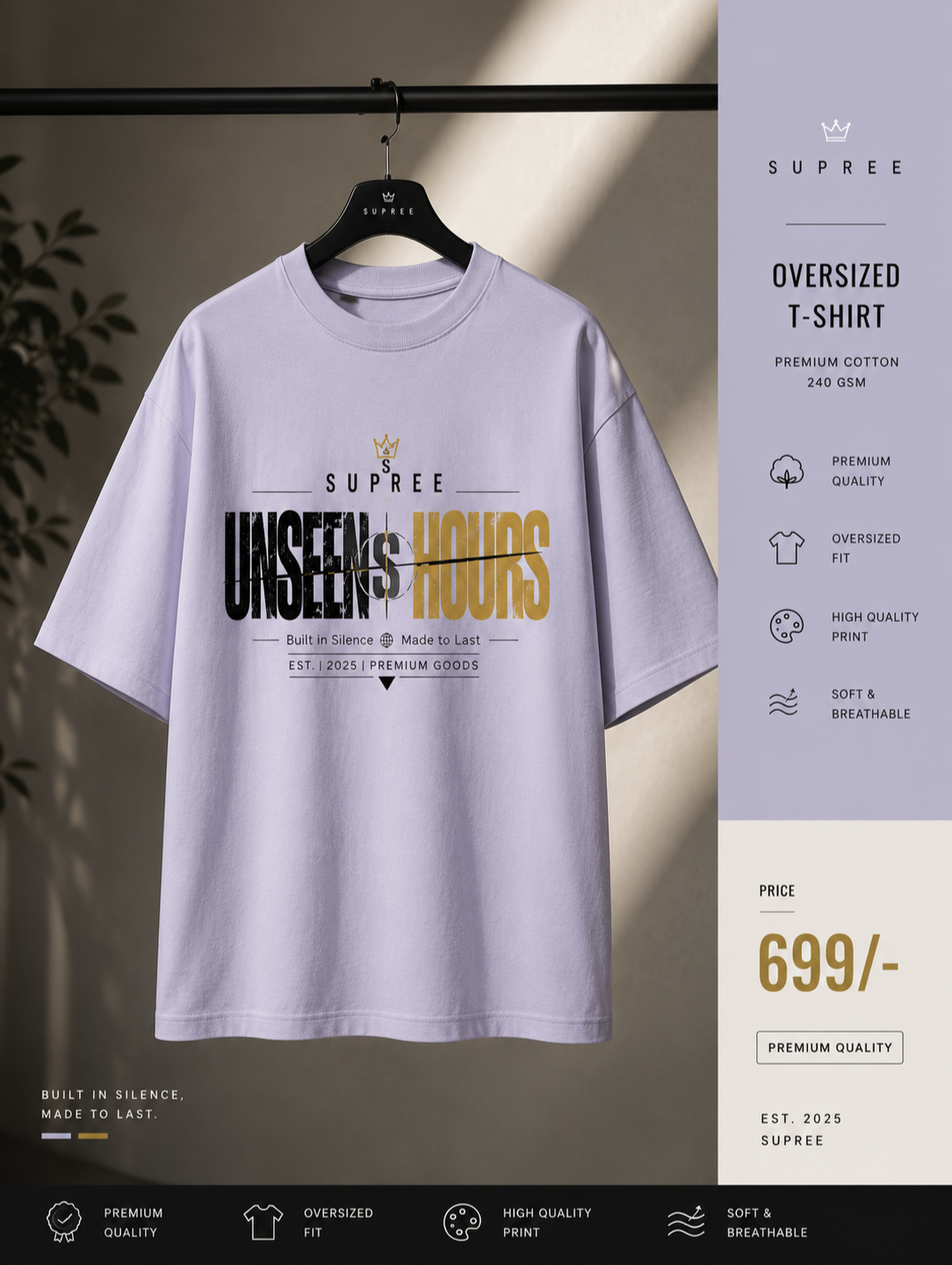 SUPREE Unseen Hours Premium Oversized T-Shirt for Men | 100% Cotton